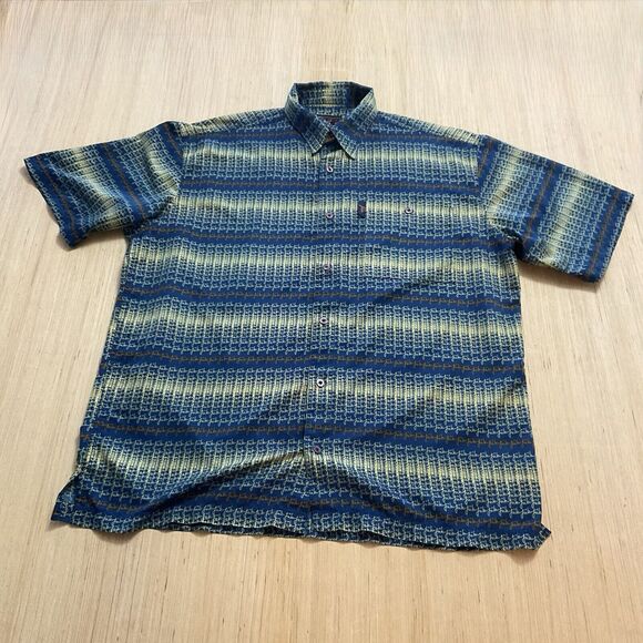 Fubu Shirt Mens Y2K XL Blue Yellow Orange Button Up Fubu Print Short Sleeve - Picture 1 of 8